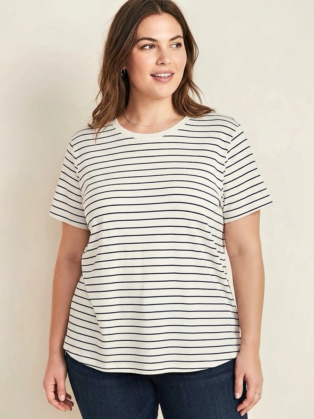 Reitmans Striped Short Sleeve Tee in Cream & Blue Size Small